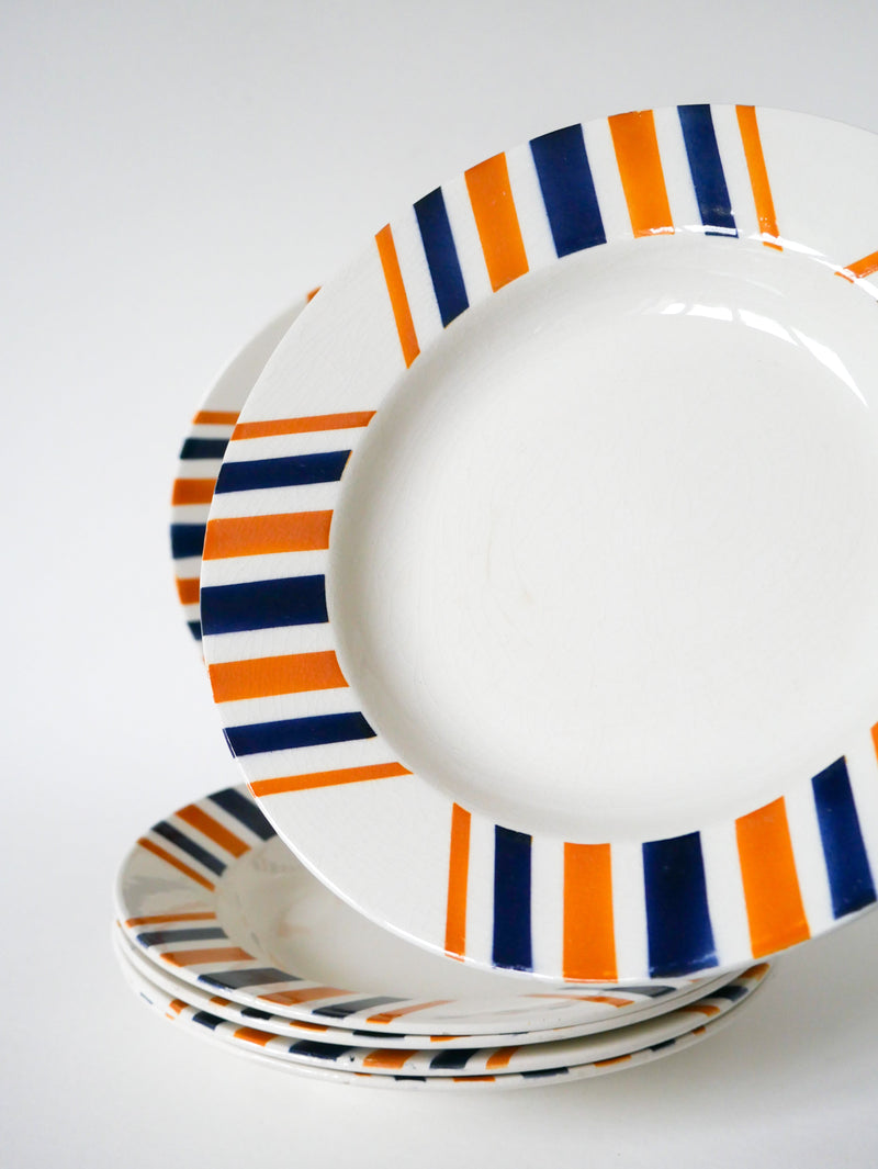 Lot De 6 Assiettes Creuses À Rayures - Hbcm  Modèle "Eskualouna" - Orange Et Bleu - 1960