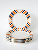 Lot De 6 Assiettes Plates À Rayures - Hbcm  Modèle "Eskualouna" - Orange Et Bleu - 1960