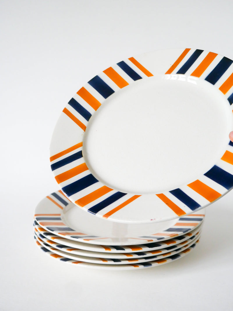 Lot De 6 Assiettes Plates À Rayures - Hbcm  Modèle "Eskualouna" - Orange Et Bleu - 1960