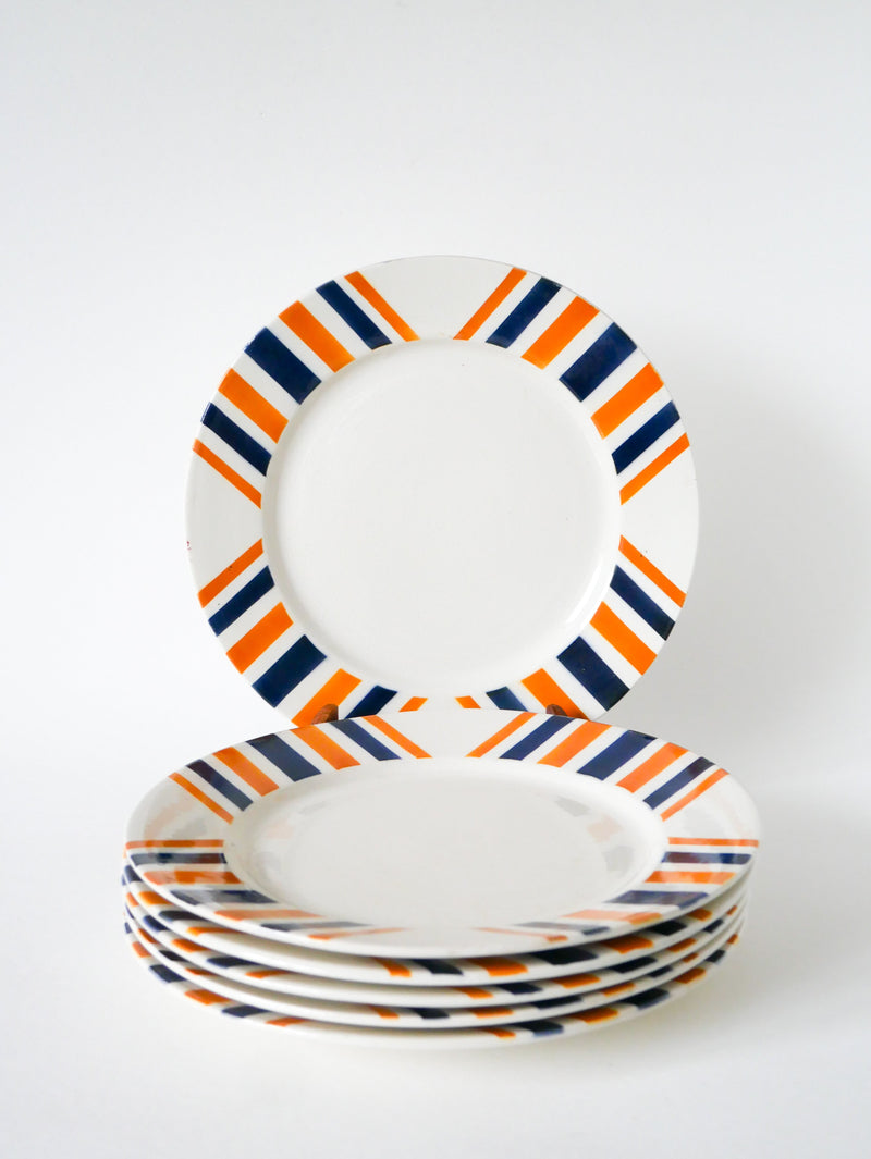 Lot De 6 Assiettes Plates À Rayures - Hbcm  Modèle "Eskualouna" - Orange Et Bleu - 1960