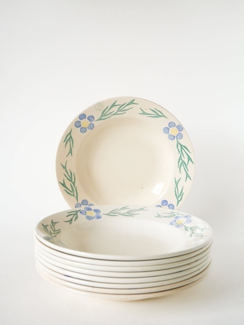 Lot De 9 Assiettes Creuses Digoin Sarreguemines À Fleurs - Bleu Et Vert - 1950