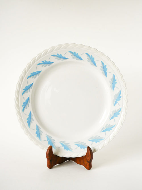 Plat Rond Dentelé Gien - Motifs Feuilles Bleu Et Gris - 1960