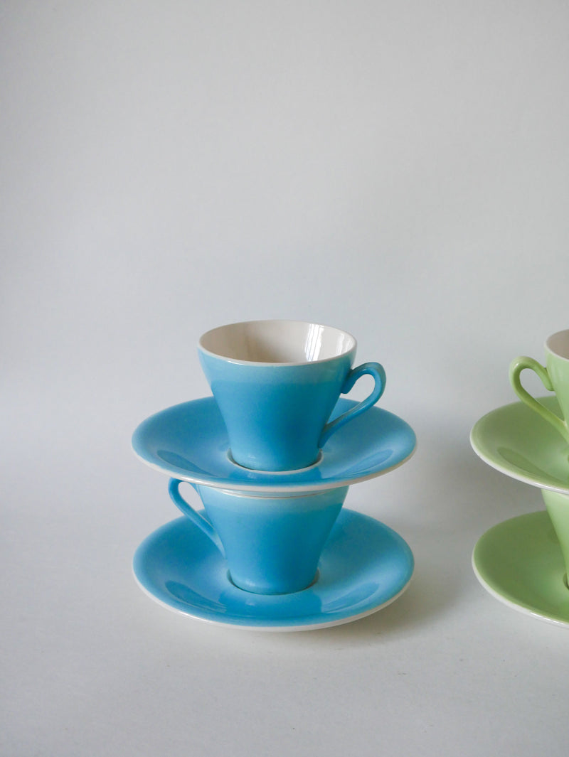 Lot De 4 Tasses À Café Vert Et Bleu Pastel - 1950