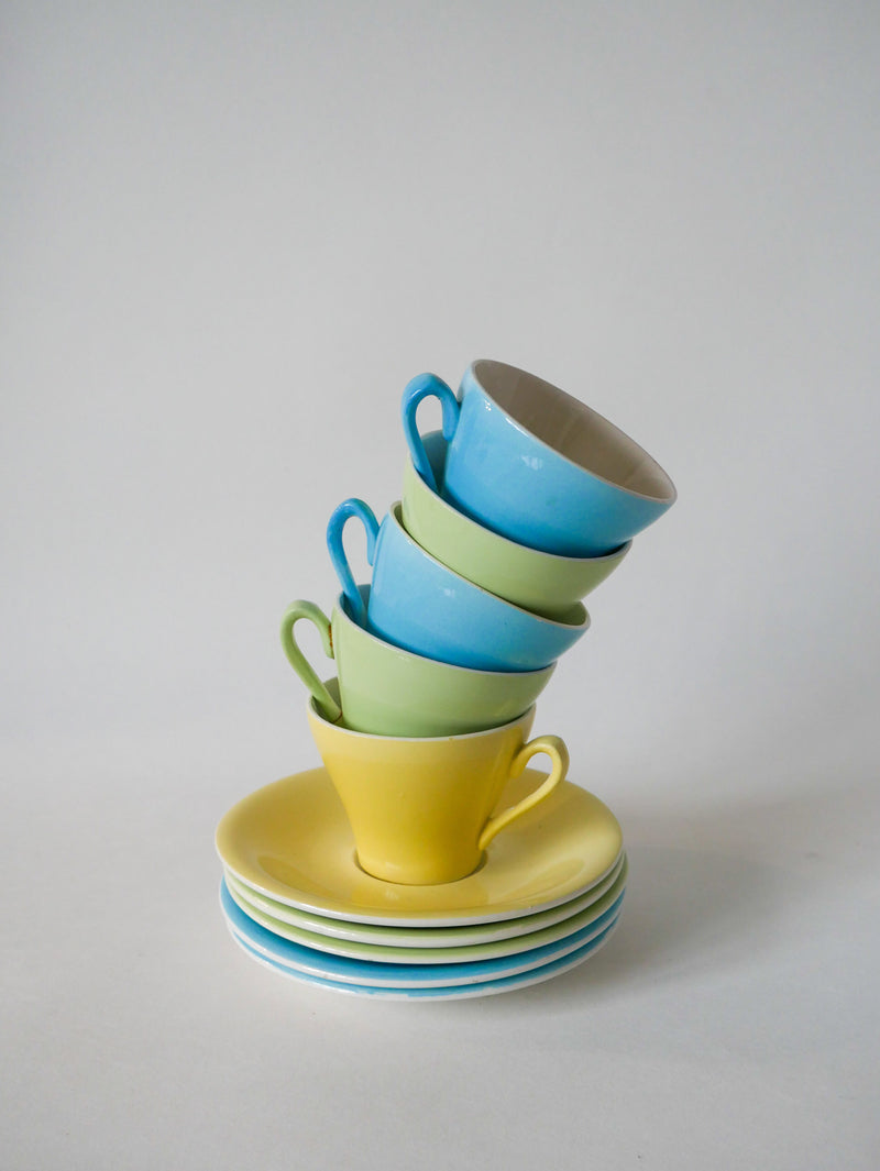 Lot De 4 Tasses À Café Vert Et Bleu Pastel - 1950