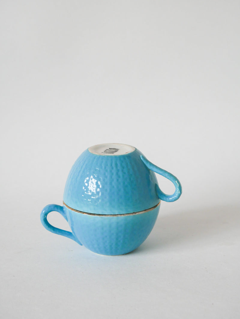 Paire De Tasses Digoin Sarreguemines Texturées Bleu Ciel Et Liseré Doré - 1950