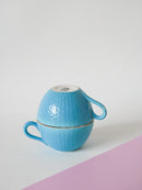 Paire De Tasses Digoin Sarreguemines Texturées Bleu Ciel Et Liseré Doré - 1950