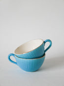 Paire De Tasses Digoin Sarreguemines Texturées Bleu Ciel Et Liseré Doré - 1950