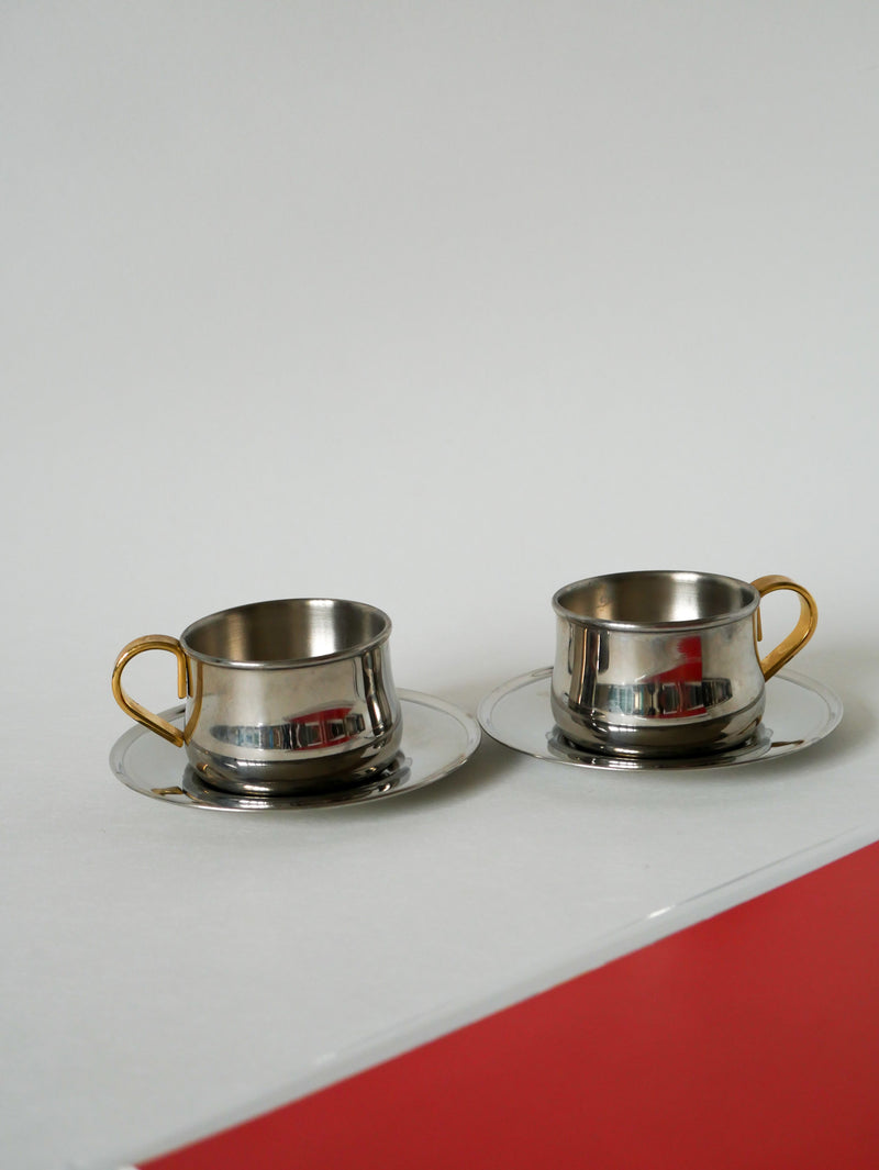 Duo De Tasses À Expresso En Inox Double Parois Made In Italy - Design 1970