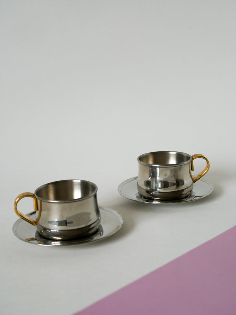 Duo De Tasses À Expresso En Inox Double Parois Made In Italy - Design 1970