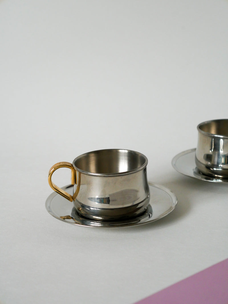 Duo De Tasses À Expresso En Inox Double Parois Made In Italy - Design 1970