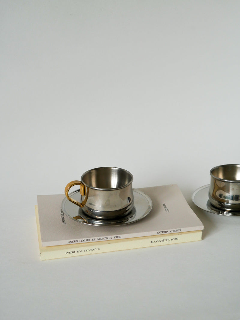 Duo De Tasses À Expresso En Inox Double Parois Made In Italy - Design 1970