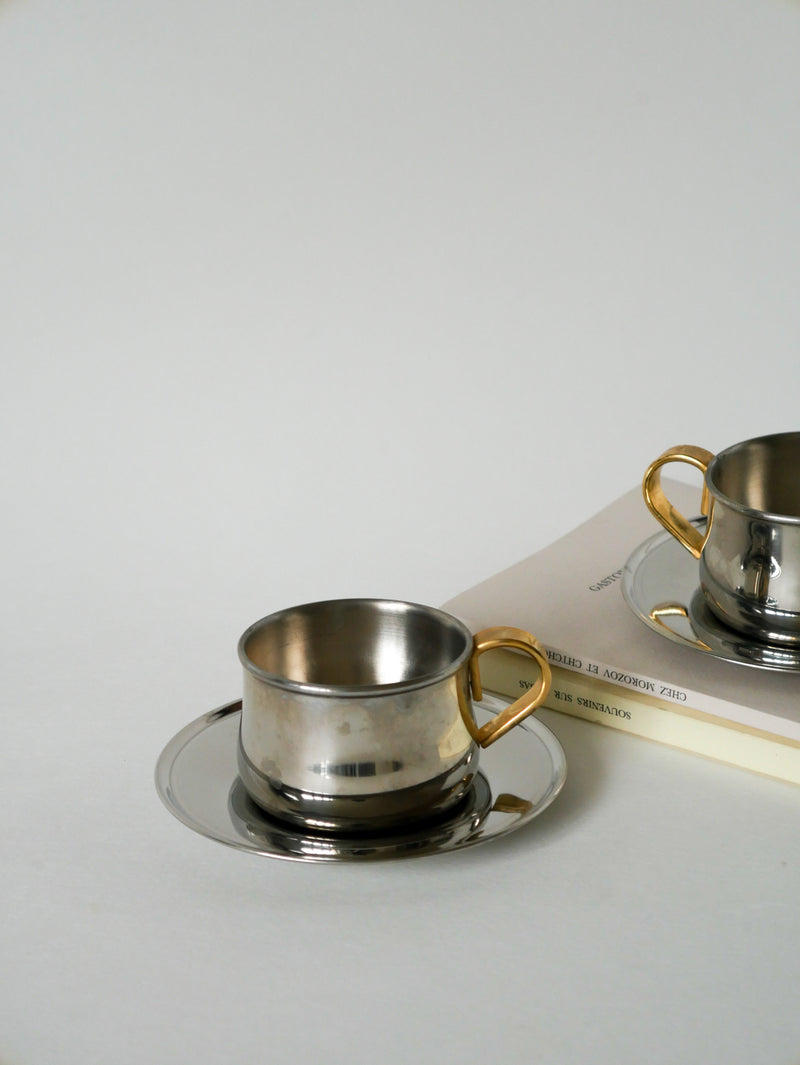 Duo De Tasses À Expresso En Inox Double Parois Made In Italy - Design 1970