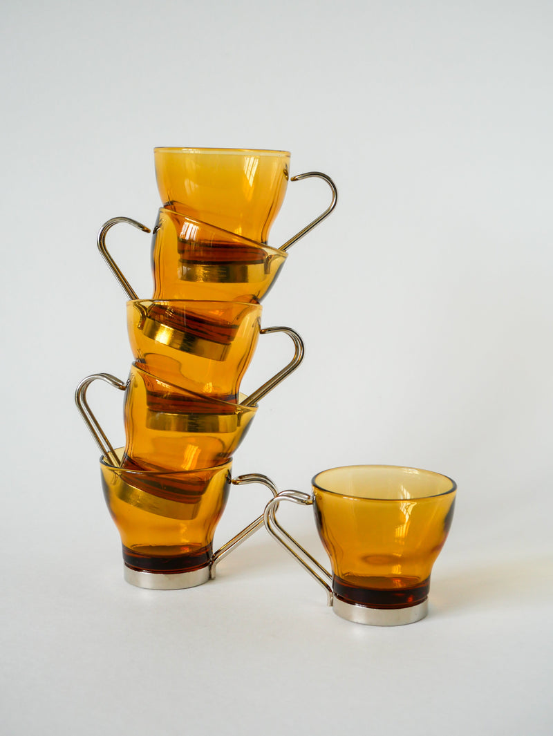 Ensemble De 6 Tasses À Café En Verre Ambré Et Chrome - Design - 1970