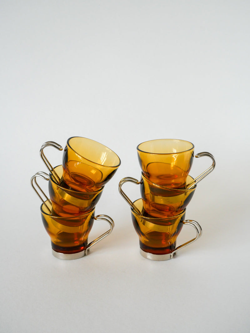 Ensemble De 6 Tasses À Café En Verre Ambré Et Chrome - Design - 1970