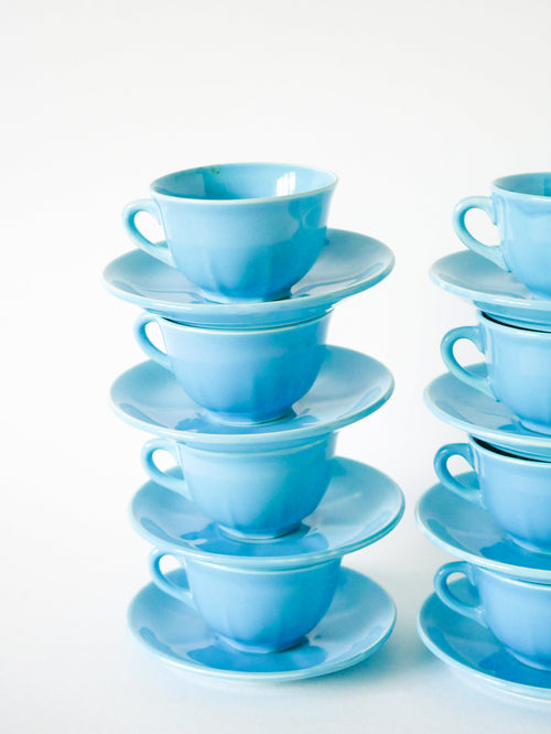 Ensemble De 8 Tasses À Café Et Soucoupes - Fb Badonviller - Bleu Ciel - 1950