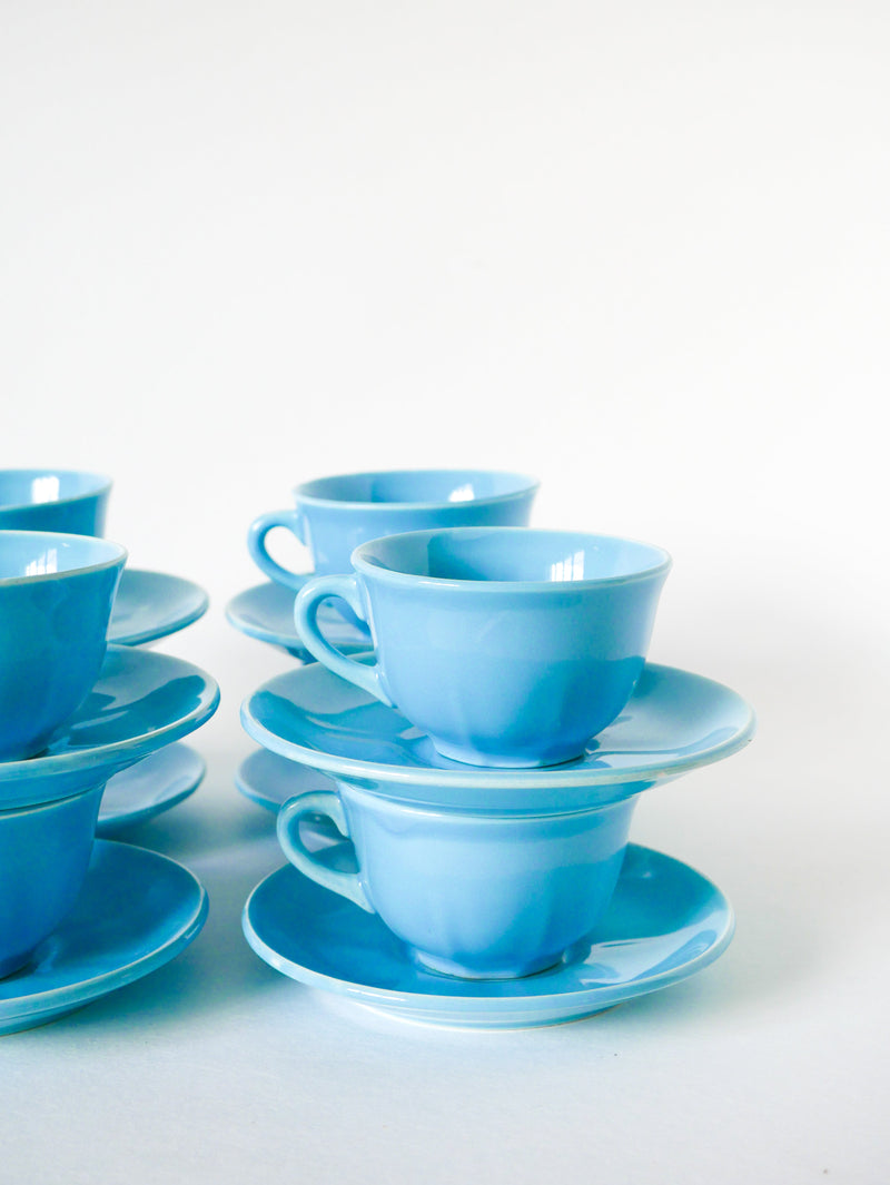 Ensemble De 8 Tasses À Café Et Soucoupes - Fb Badonviller - Bleu Ciel - 1950