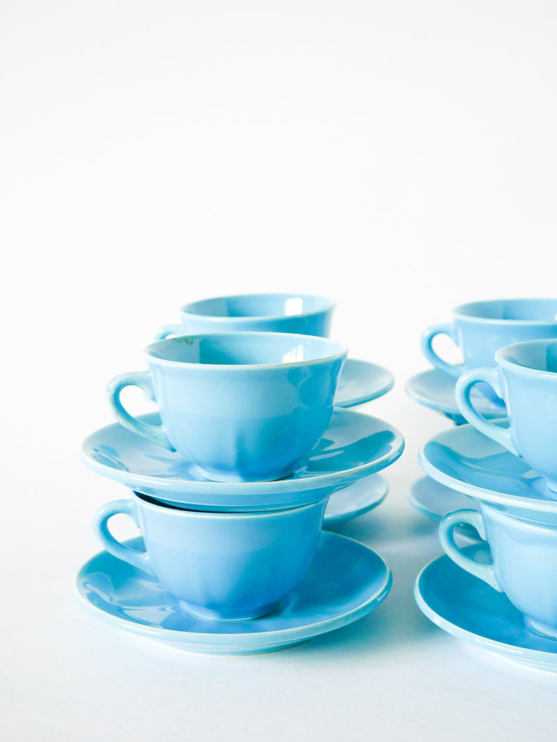 Ensemble De 8 Tasses À Café Et Soucoupes - Fb Badonviller - Bleu Ciel - 1950