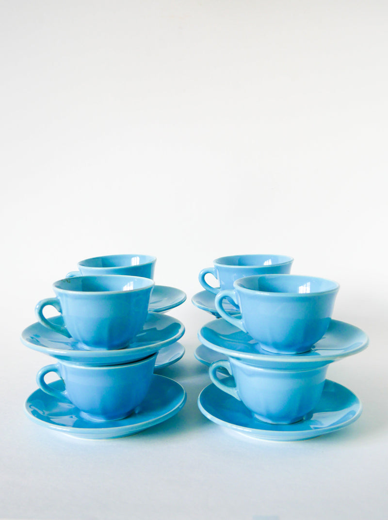 Ensemble De 8 Tasses À Café Et Soucoupes - Fb Badonviller - Bleu Ciel - 1950