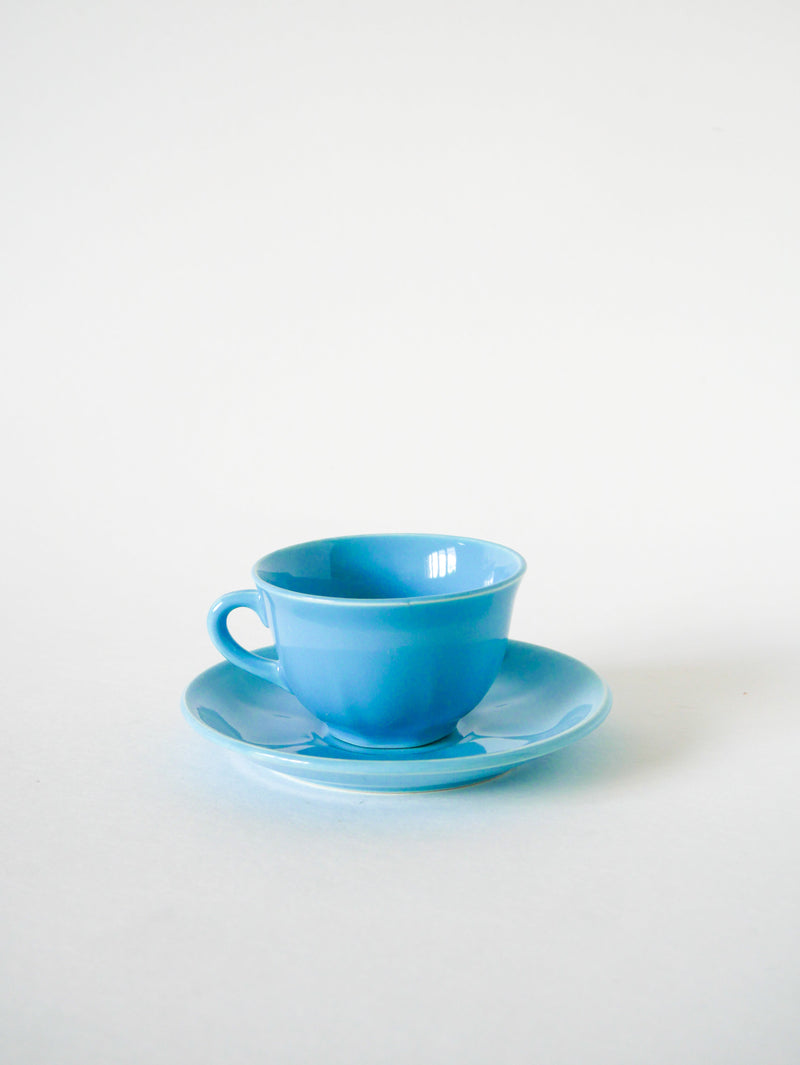 Ensemble De 8 Tasses À Café Et Soucoupes - Fb Badonviller - Bleu Ciel - 1950