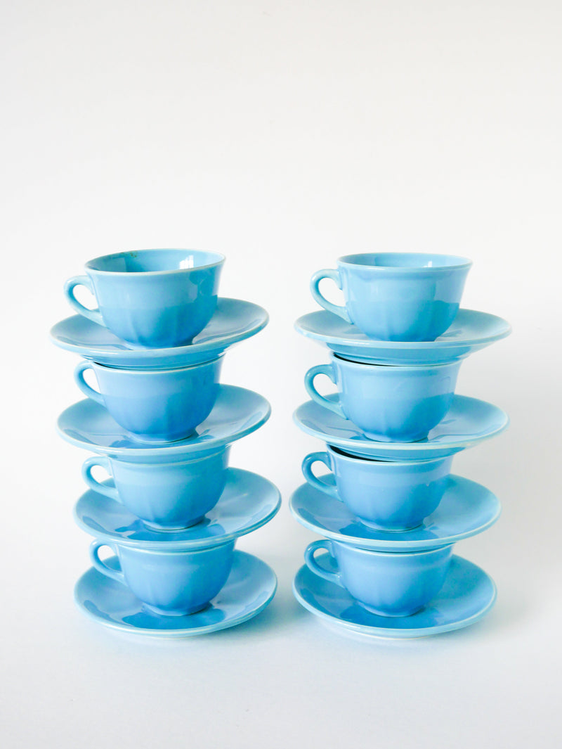 Ensemble De 8 Tasses À Café Et Soucoupes - Fb Badonviller - Bleu Ciel - 1950