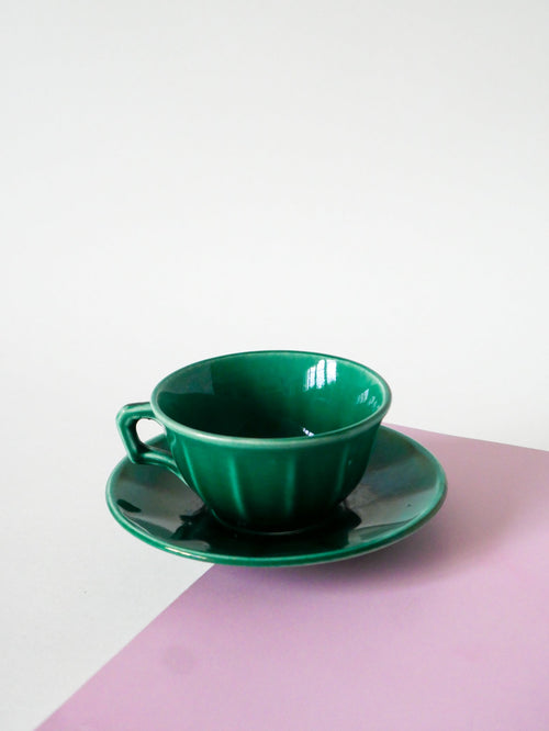 Ensemble De 5 Tasses À Café Et Soucoupes En Barbotine - Vert - 1960