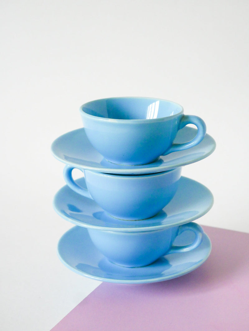 Ensemble De 6 Tasses À Café Et Soucoupes - Bleu Ciel - 1960