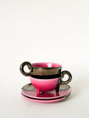 Duo De Tasses Tripodes Et Soucoupes Vallauris En Céramique Bicolore - Rose Et Noir Irisé - 1970