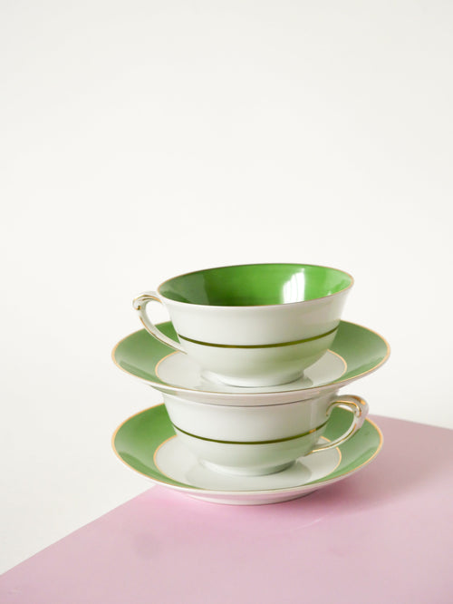 Duo De Tasses À Café Colorées Gda Limoges - Vert - Made In France - 1950