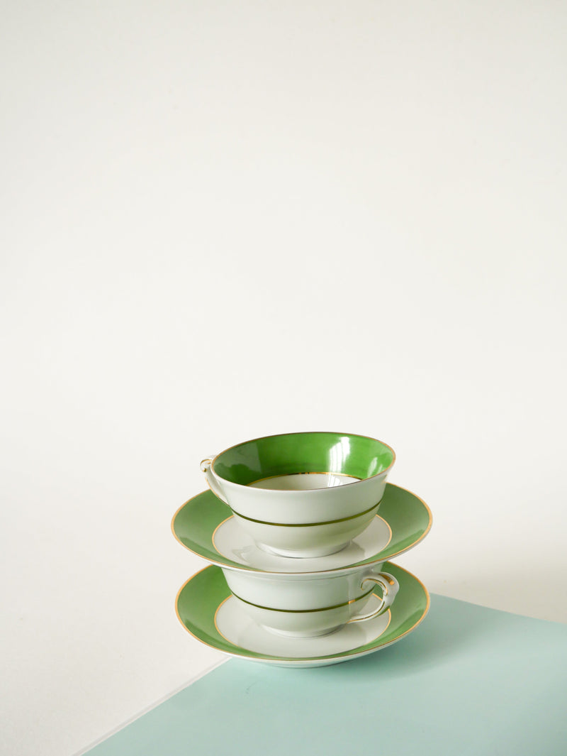 Duo De Tasses À Café Colorées Gda Limoges - Vert - Made In France - 1950