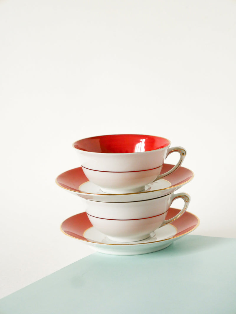 Duo De Tasses À Café Colorées Gda Limoges - Brique - Made In France - 1950