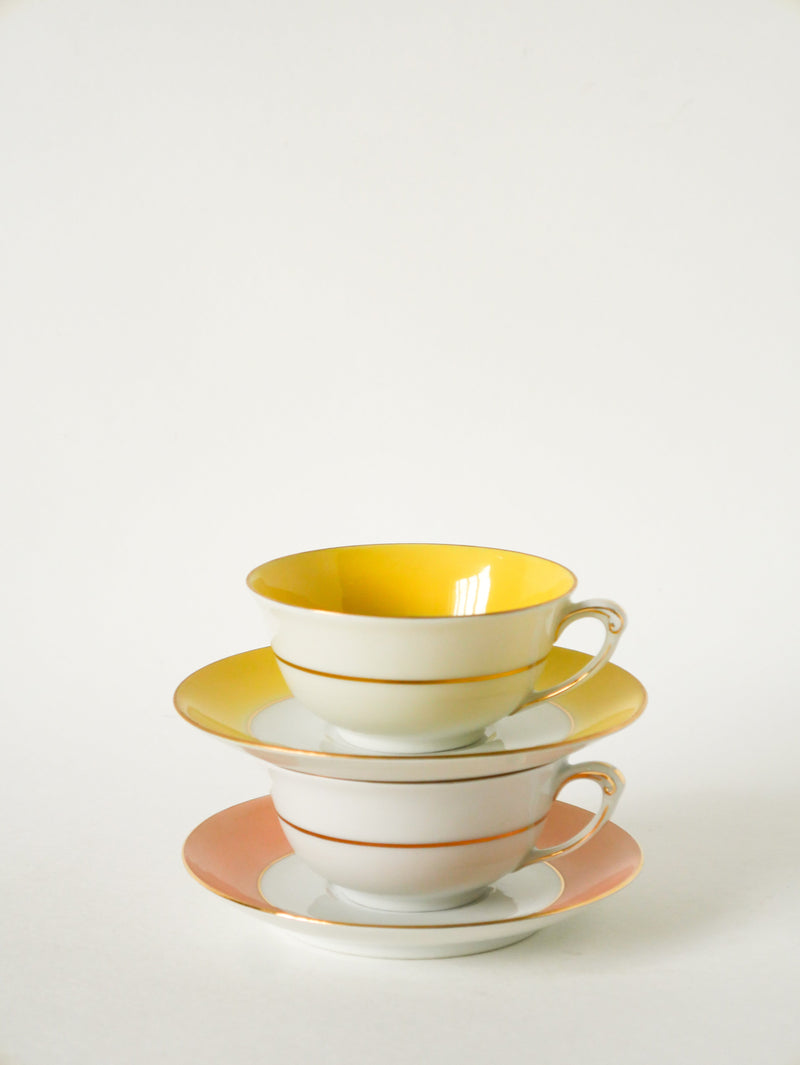 Duo De Tasses À Café Colorées Gda Limoges - Rose Et Jaune - Made In France - 1950