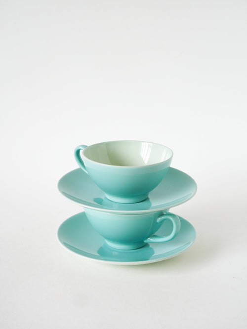 Paire De Tasses Et Sous-Tasses En Faïence, Bleu Ciel & Vert Menthe, Made In Holland, 1960
