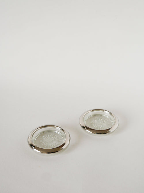 Paire De Dessous De Verres, En Verre & Métal Argenté, 1950