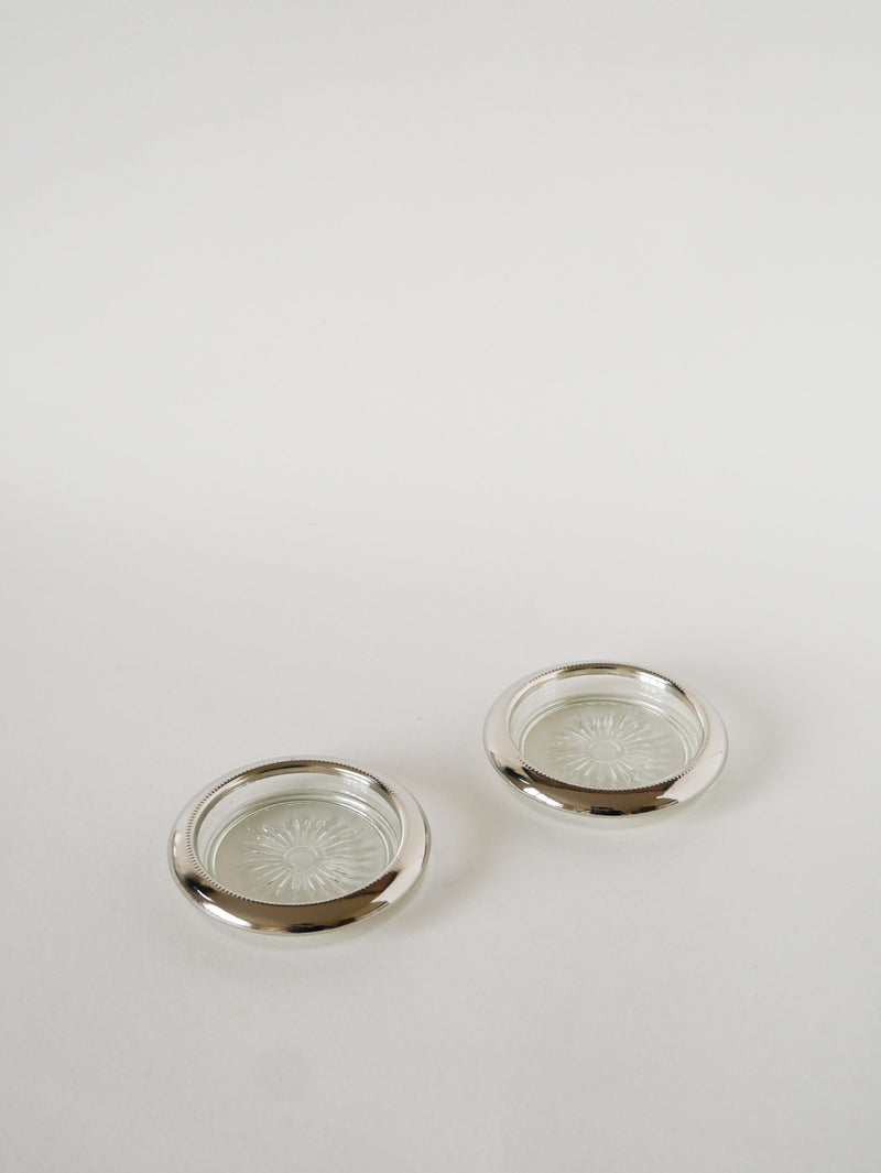 Paire De Dessous De Verres, En Verre & Métal Argenté, 1950