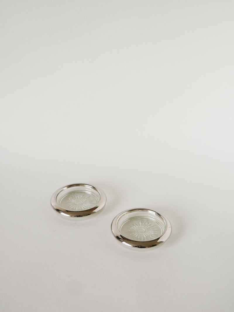 Paire De Dessous De Verres, En Verre & Métal Argenté, 1950
