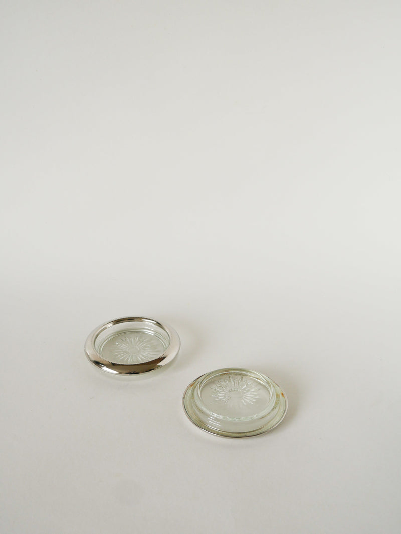 Paire De Dessous De Verres, En Verre & Métal Argenté, 1950