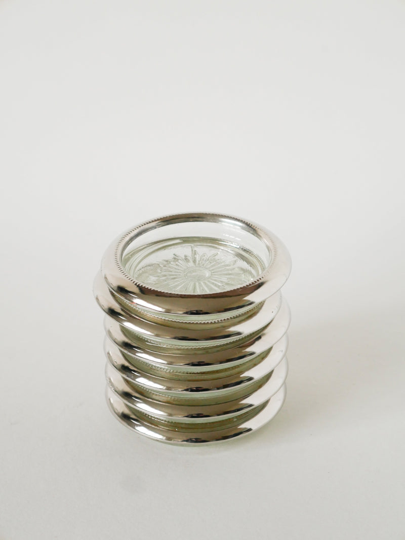 Paire De Dessous De Verres, En Verre & Métal Argenté, 1950