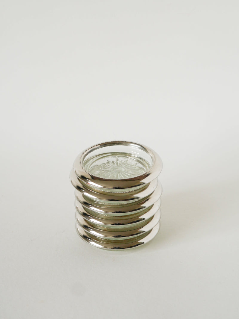 Paire De Dessous De Verres, En Verre & Métal Argenté, 1950