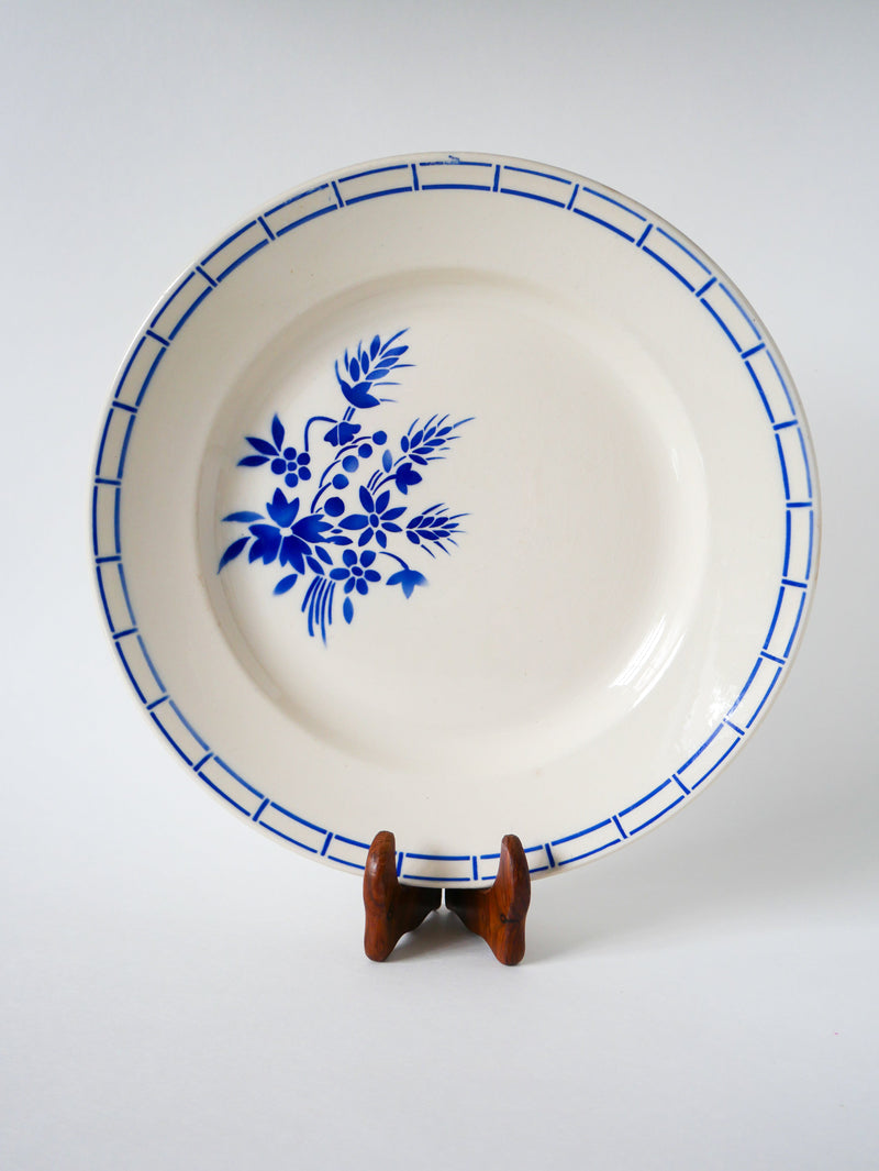 Grand Plat Bleu Fleuri Et Géométrique Badonviller - 1940