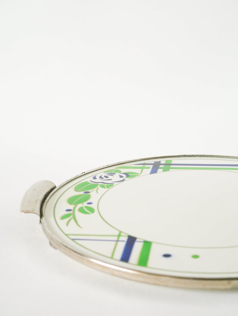 Plat À Gâteau Digoin Sarreguemines - En Faïence Et Chrome - Modèle Beaujeu - Vert Et Bleu - 1960