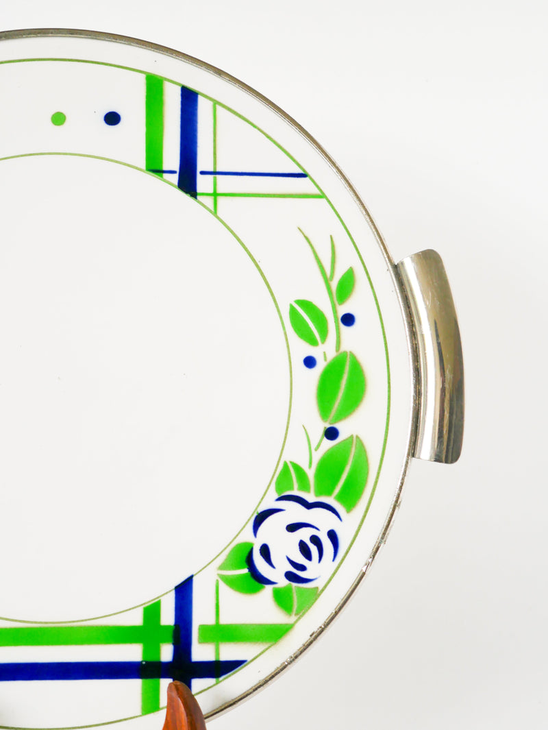 Plat À Gâteau Digoin Sarreguemines - En Faïence Et Chrome - Modèle Beaujeu - Vert Et Bleu - 1960