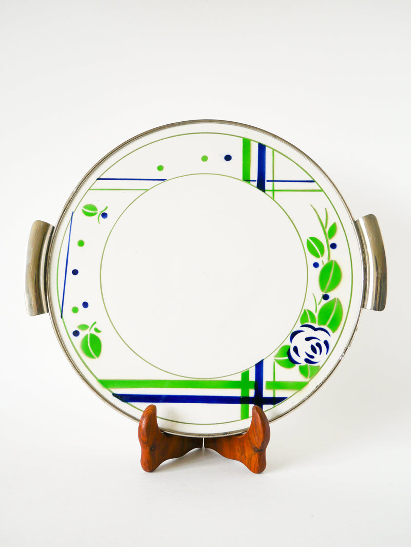 Plat À Gâteau Digoin Sarreguemines - En Faïence Et Chrome - Modèle Beaujeu - Vert Et Bleu - 1960