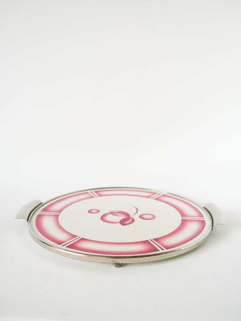 Plat À Gâteau Digoin Sarreguemines - En Faïence Et Chrome - Modèle Beatrix - Rose - 1960