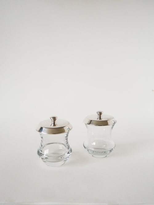 Duo De Pots À Condiments En Cristal Et Métal Argenté, Saint Hilaire, 1960