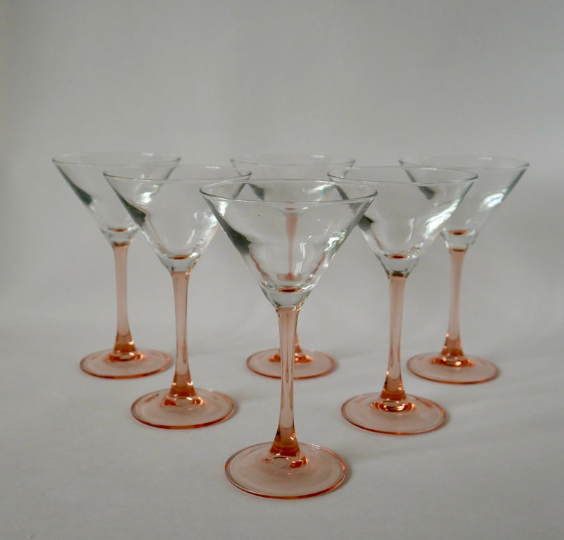 Lot De 6 Verres À Cocktail / Coupes À Champagne À Pieds Rose Fabriqués En France - Années 1970