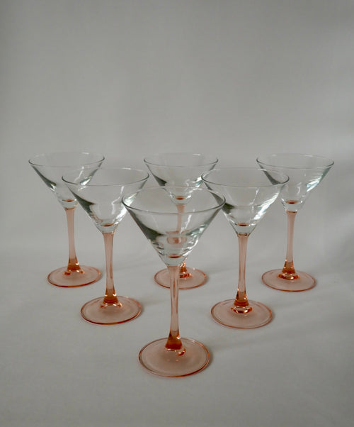 Lot De 6 Verres À Cocktail / Coupes À Champagne À Pieds Rose Fabriqués En France - Années 1970