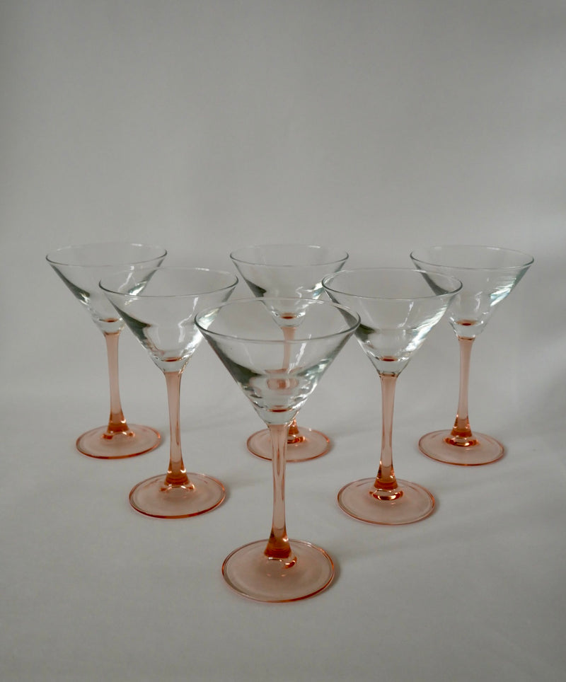 Lot De 6 Verres À Cocktail / Coupes À Champagne À Pieds Rose Fabriqués En France - Années 1970