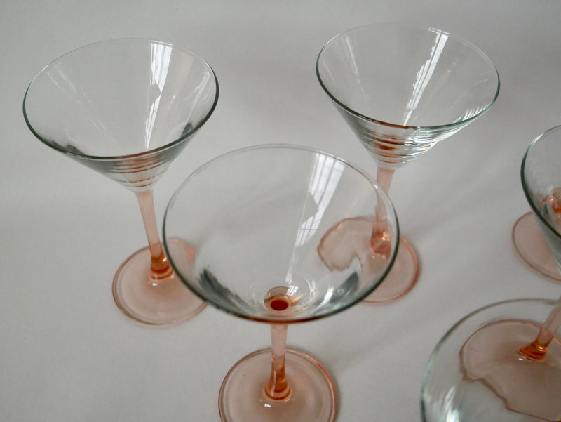 Lot De 6 Verres À Cocktail / Coupes À Champagne À Pieds Rose Fabriqués En France - Années 1970