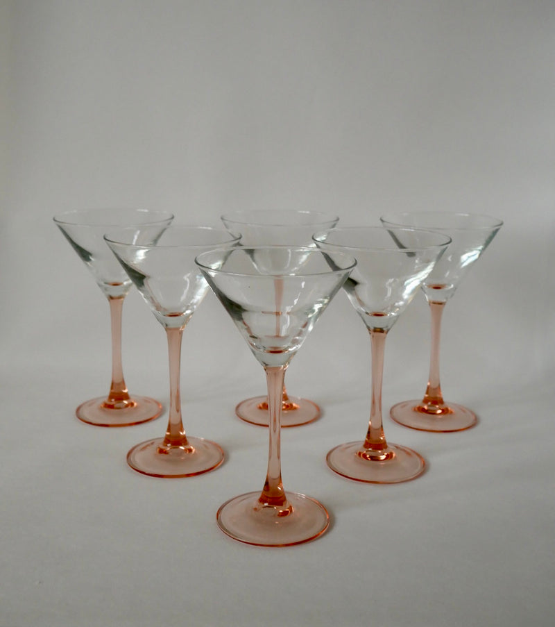 Lot De 6 Verres À Cocktail / Coupes À Champagne À Pieds Rose Fabriqués En France - Années 1970