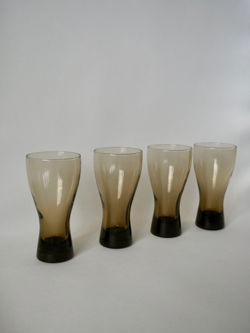 Lot De 4 Verres À En Verre Fumé Et Fond Épais - Années 70